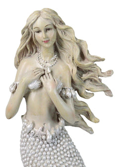 Marine Vintaged Pearly White Ariel Mermaid Sitting On Sea Rock Figurine 16" H-6