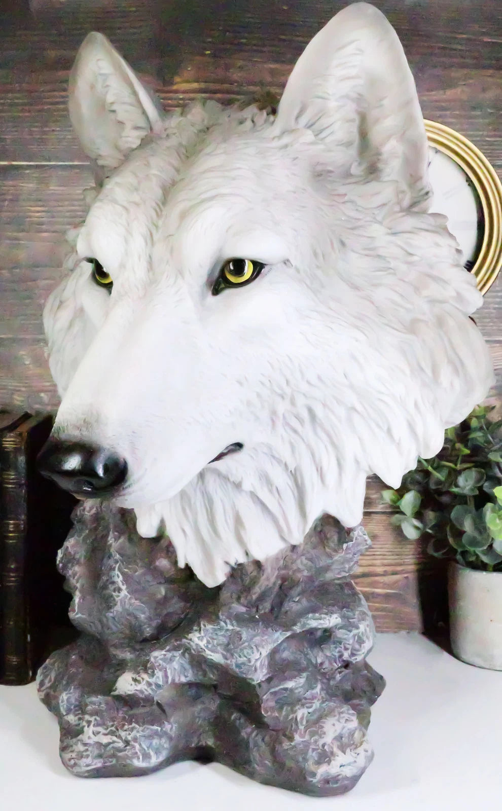 Busto realista de cabeza de lobo gris grande de 40 cm de alto, decoración de lobo de madera con sed de sangre