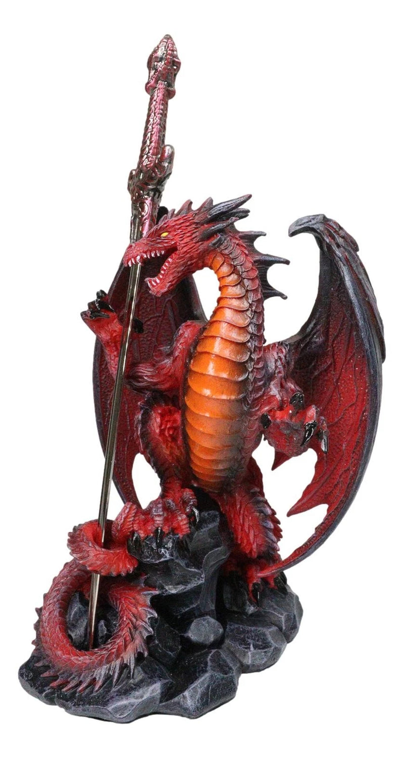 Figura de dragón de hoja viuda de roca volcánica de lava roja con espada abrecartas-8
