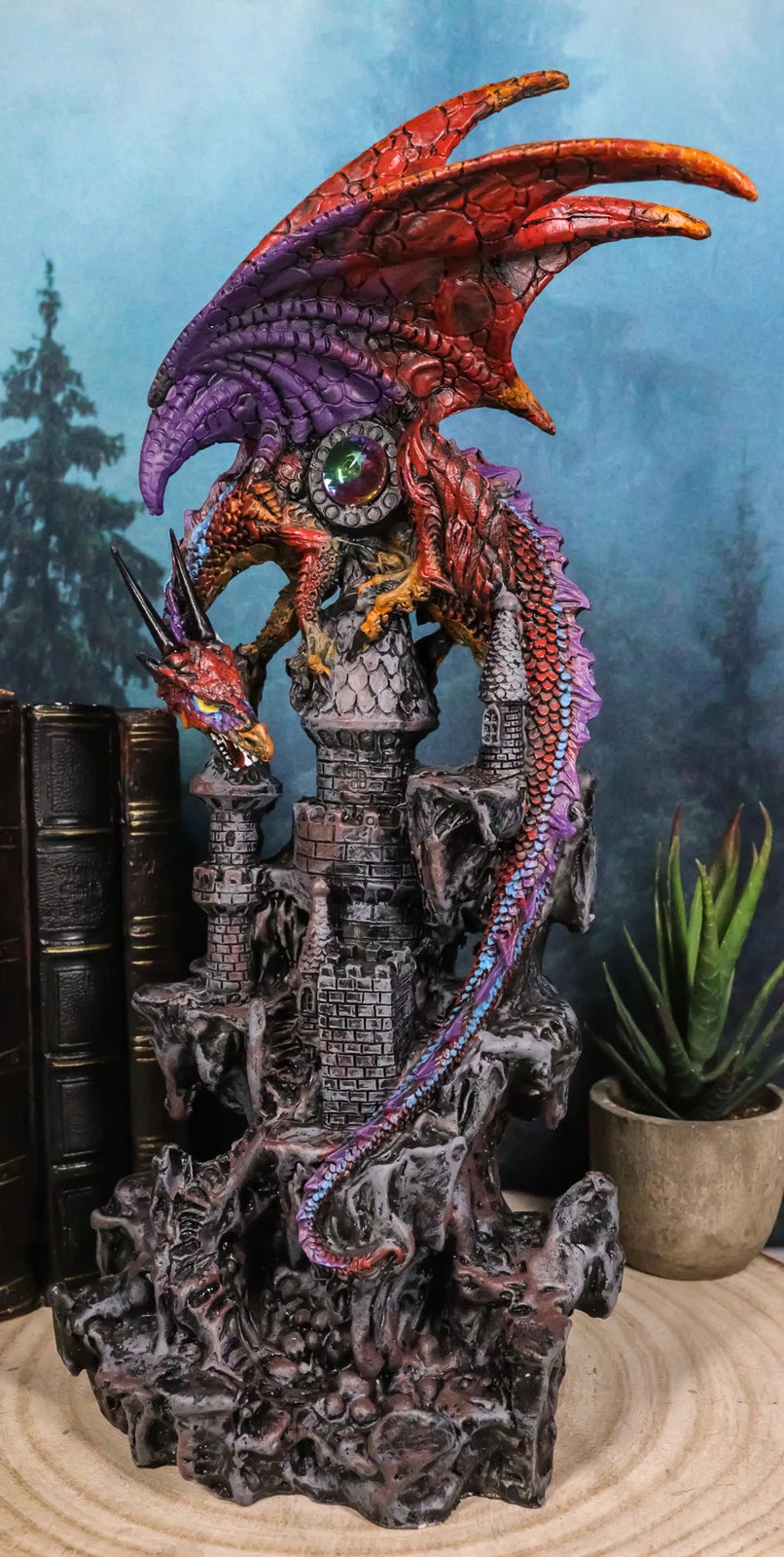 Guardian Dragon Protecting Castle with Precious Stone Collectible Figurine 12"H-8