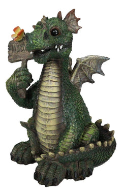 Whimsical Green Garden Dragon With Butterfly With Welcome Plank Sign Figurine-8