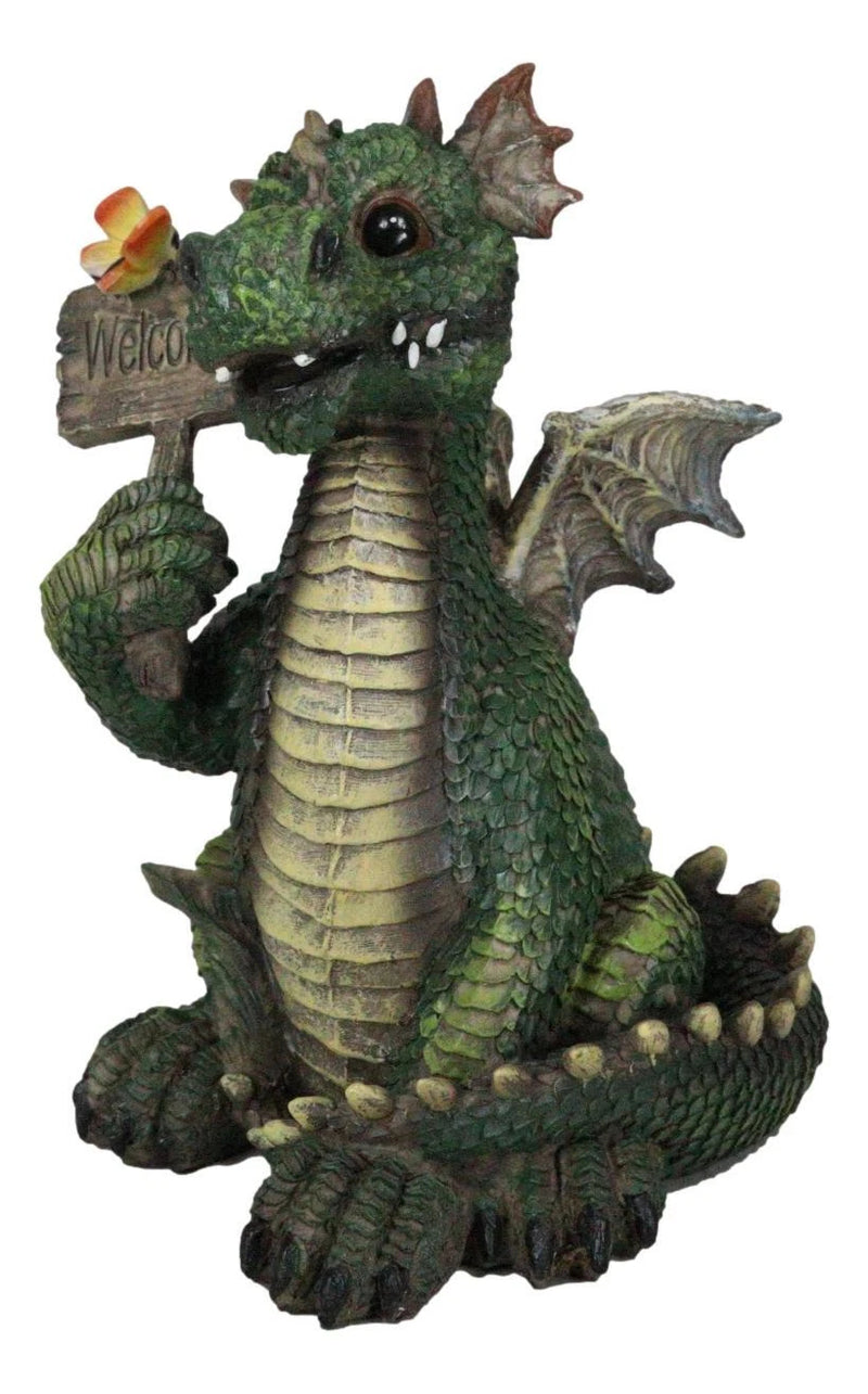 Whimsical Green Garden Dragon With Butterfly With Welcome Plank Sign Figurine-8