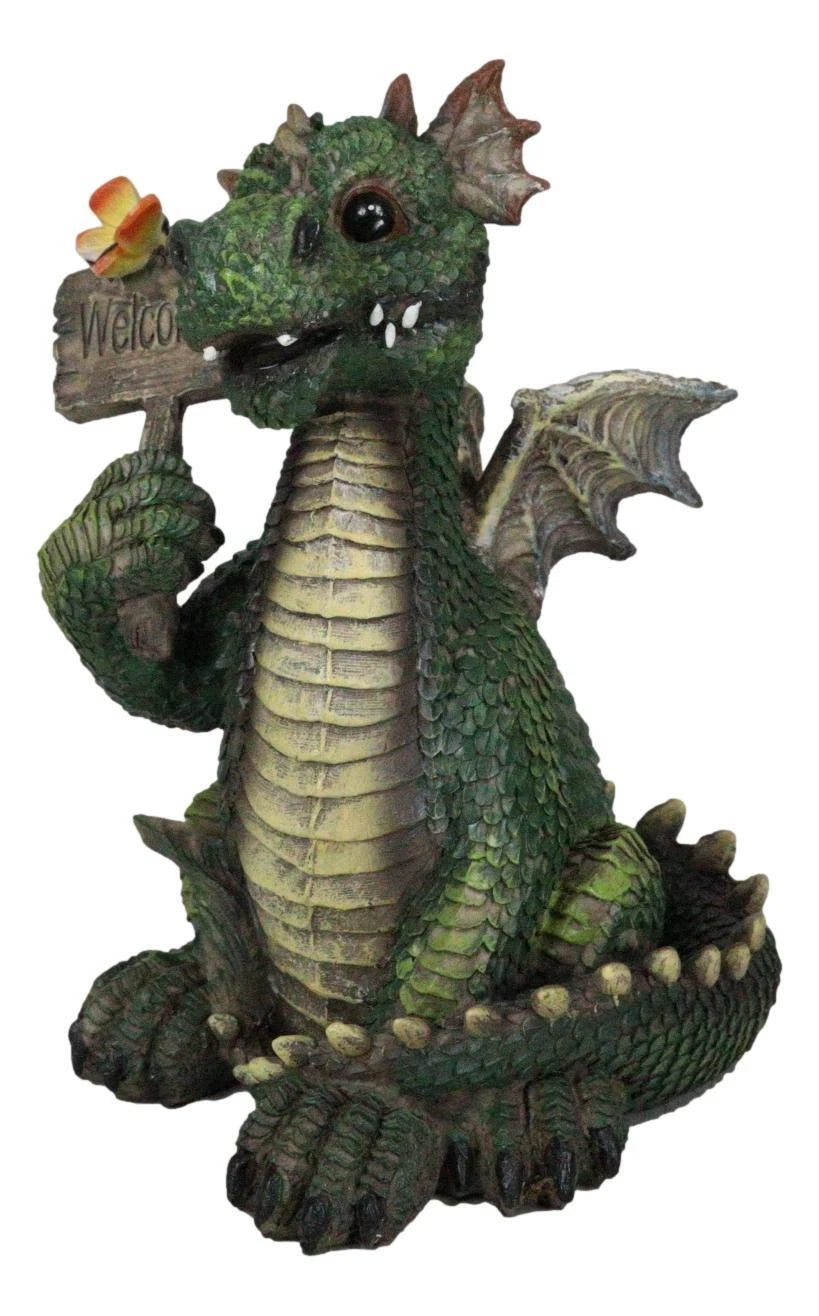 Whimsical Green Garden Dragon With Butterfly With Welcome Plank Sign Figurine-8
