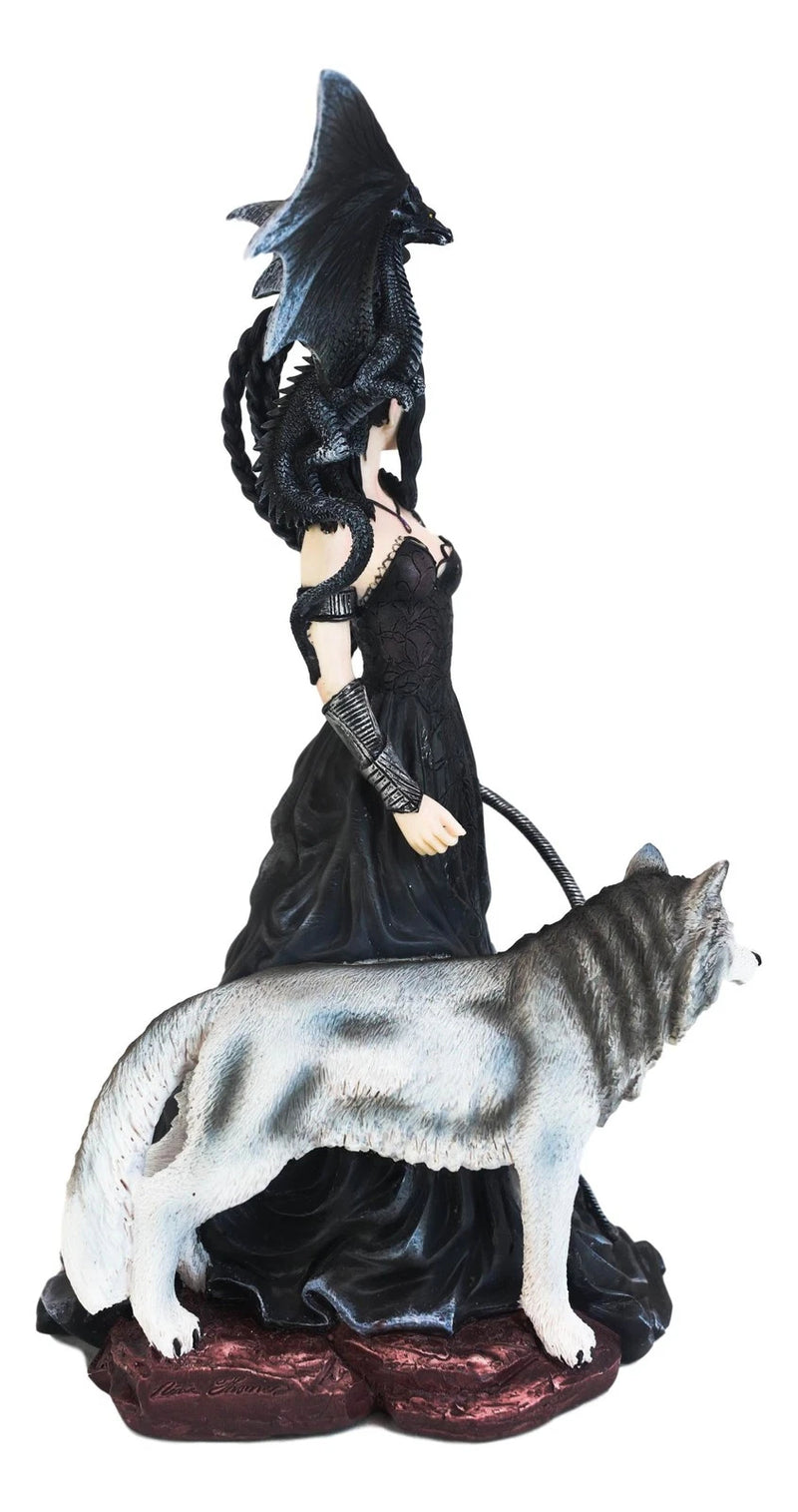 Gothic Maestra Maleficent Witch Fairy With Alpha Wolf and Black Dragon Statue-5