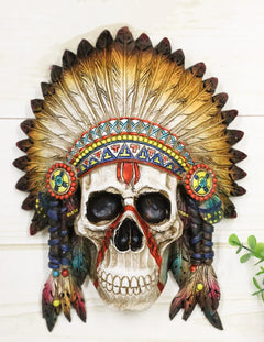 Native American Indian Chief Warpath Skull with Headdress Wall Decor Plaque-1