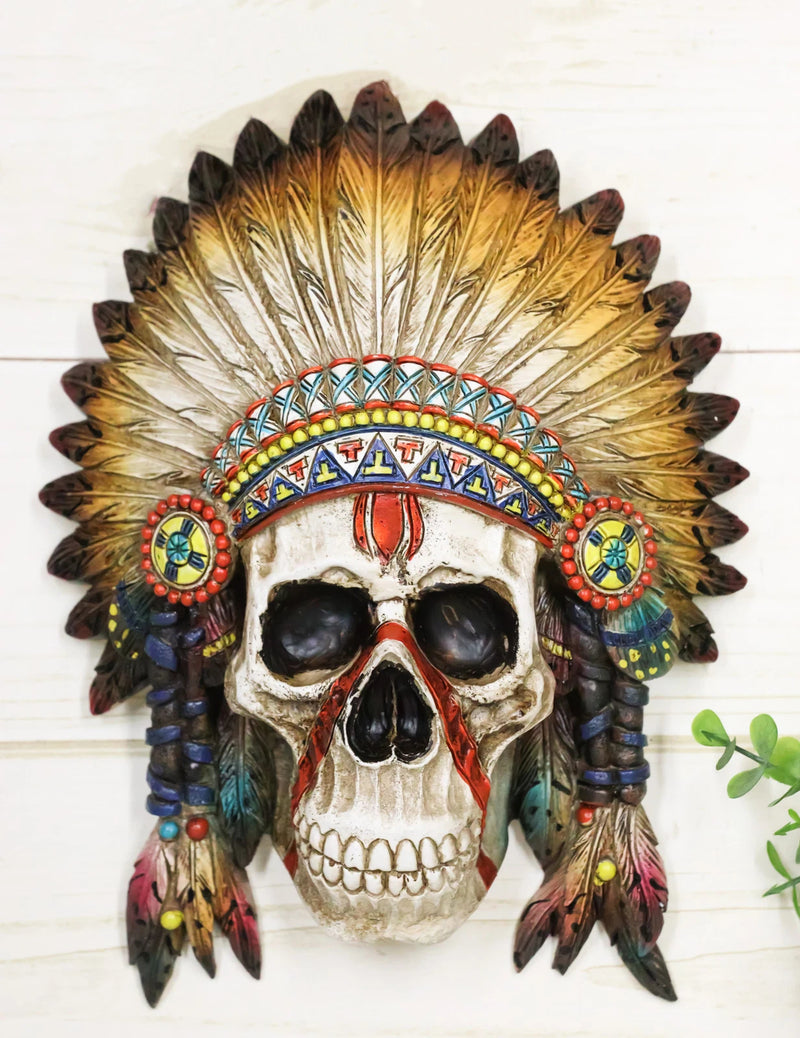Native American Indian Chief Warpath Skull with Headdress Wall Decor Plaque-1