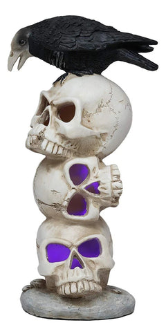 Gothic Raven Crow Bird Perching On Totem Stacked Skulls With LED Light Statue-6