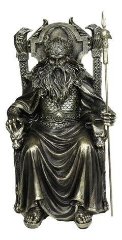 Norse Viking Odin The Alfather Sitting On A Throne with Raven Spear Statue-5