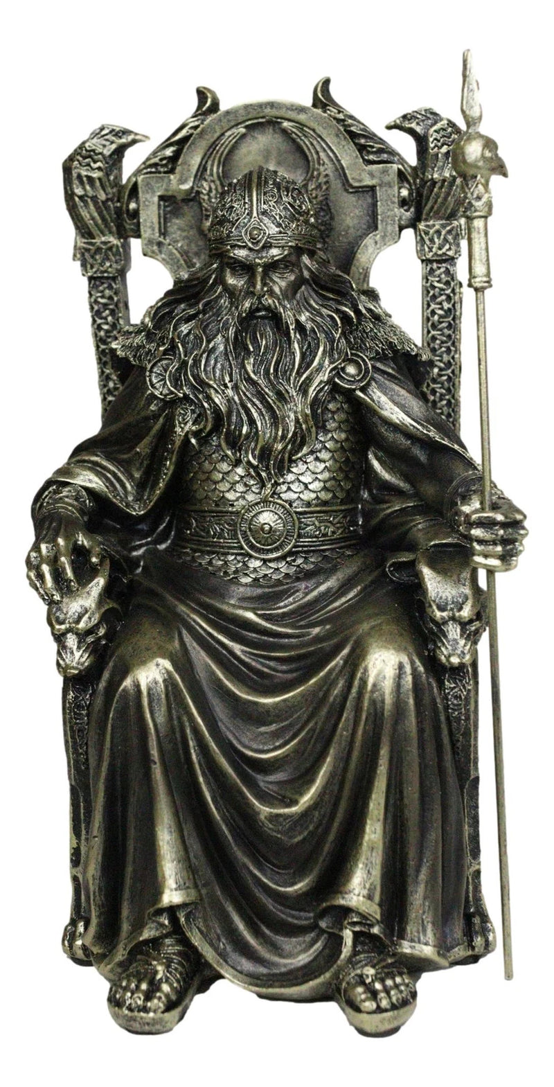Norse Viking Odin The Alfather Sitting On A Throne with Raven Spear Statue-5