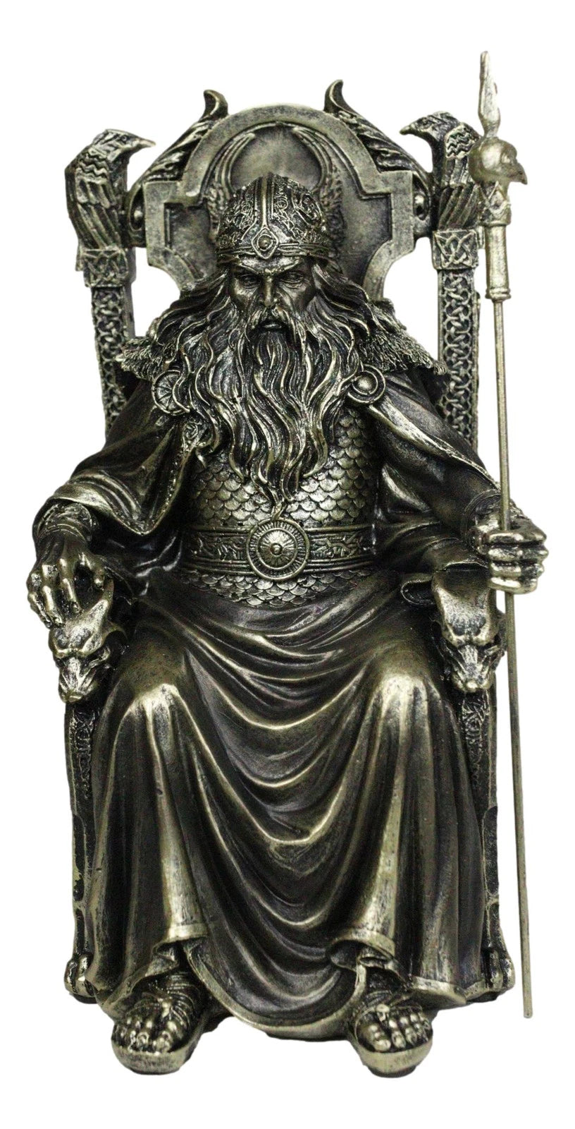 Norse Viking Odin The Alfather Sitting On A Throne with Raven Spear Statue-5
