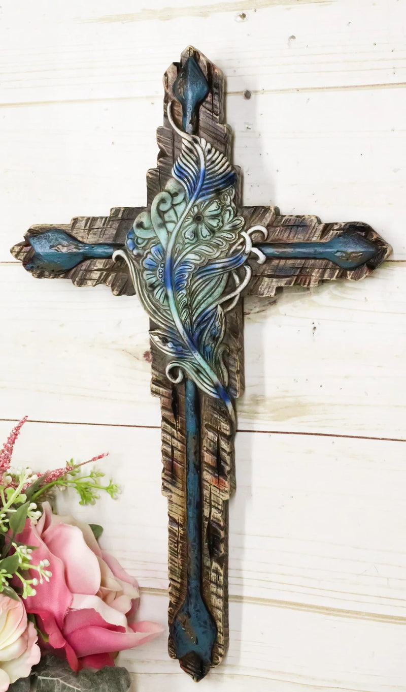 Southwestern Tribal Indian Feather And Turquoise Arrows Faux Wooden Wall Cross-8