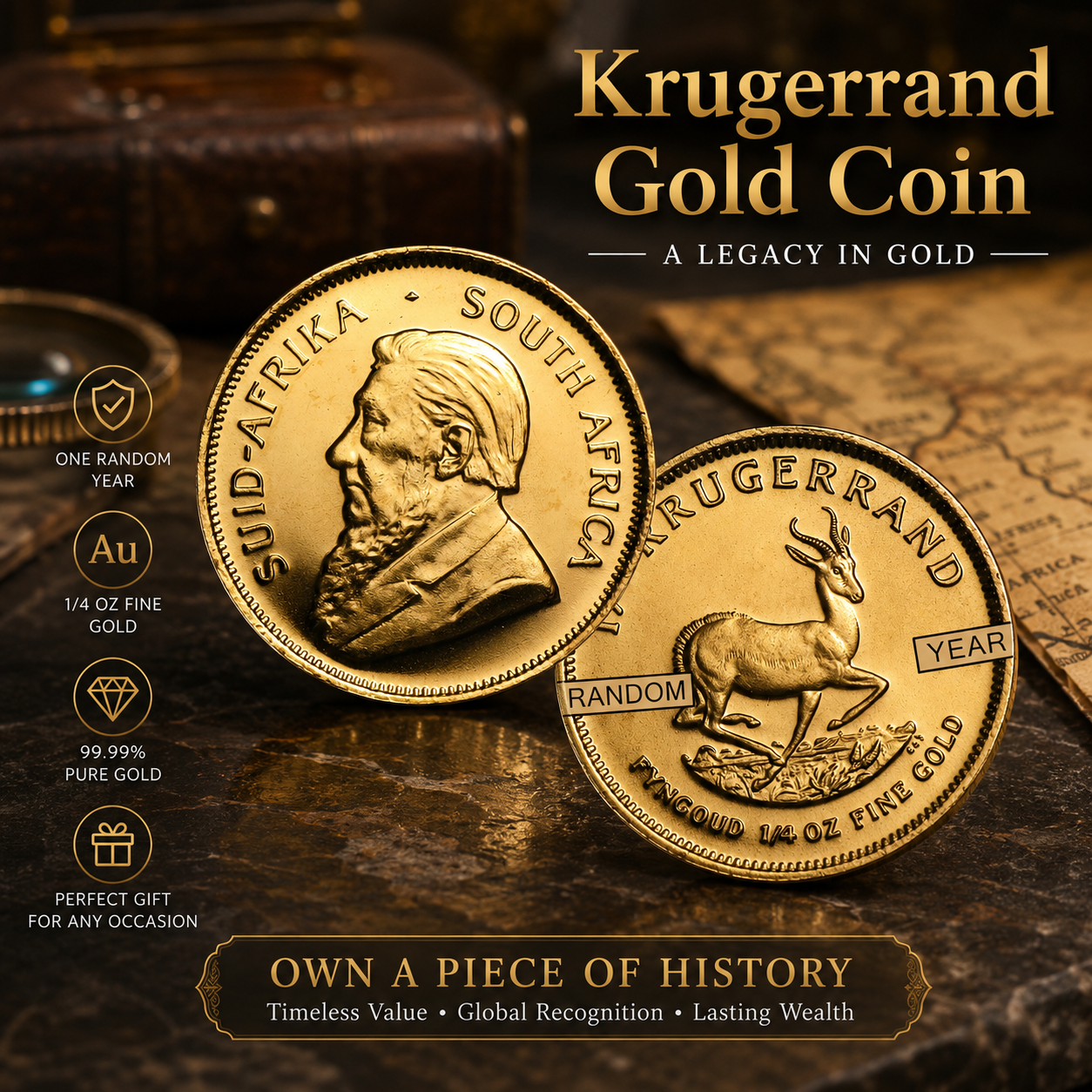 1/4 oz South African Gold Krugerrand Coin - Random Year .9999 Fine Gold Bullion-1