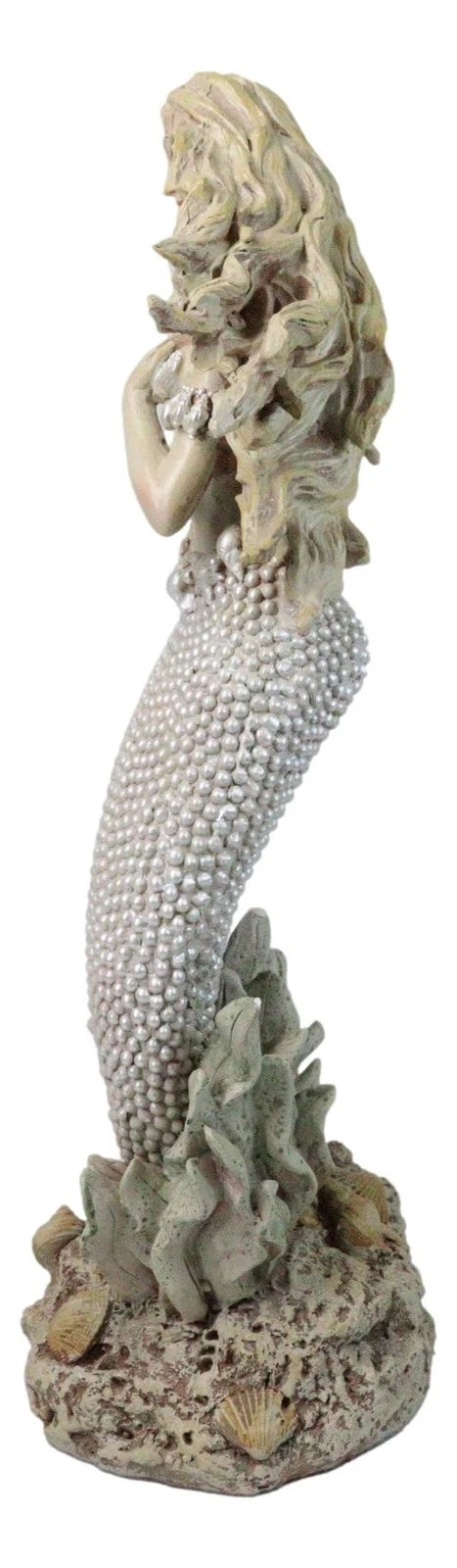 Marine Vintaged Pearly White Ariel Mermaid Sitting On Sea Rock Figurine 16" H-5