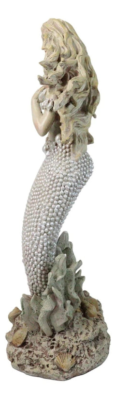 Marine Vintaged Pearly White Ariel Mermaid Sitting On Sea Rock Figurine 16" H-5