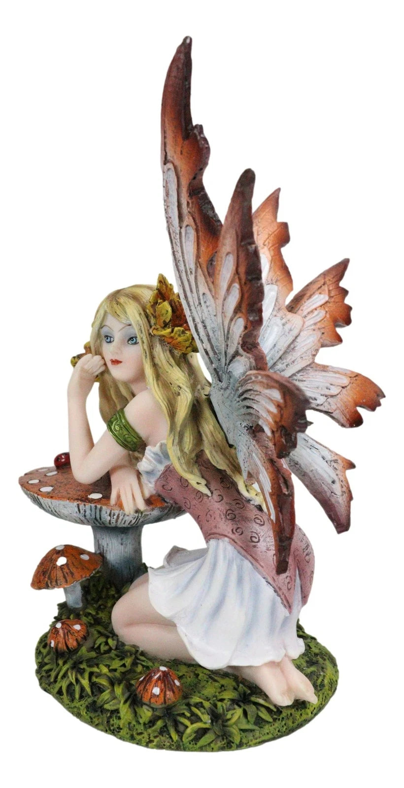 Enchanted Forest Fall Ladybug Mushroom Fairy Sitting by Toadstools Figurine-7