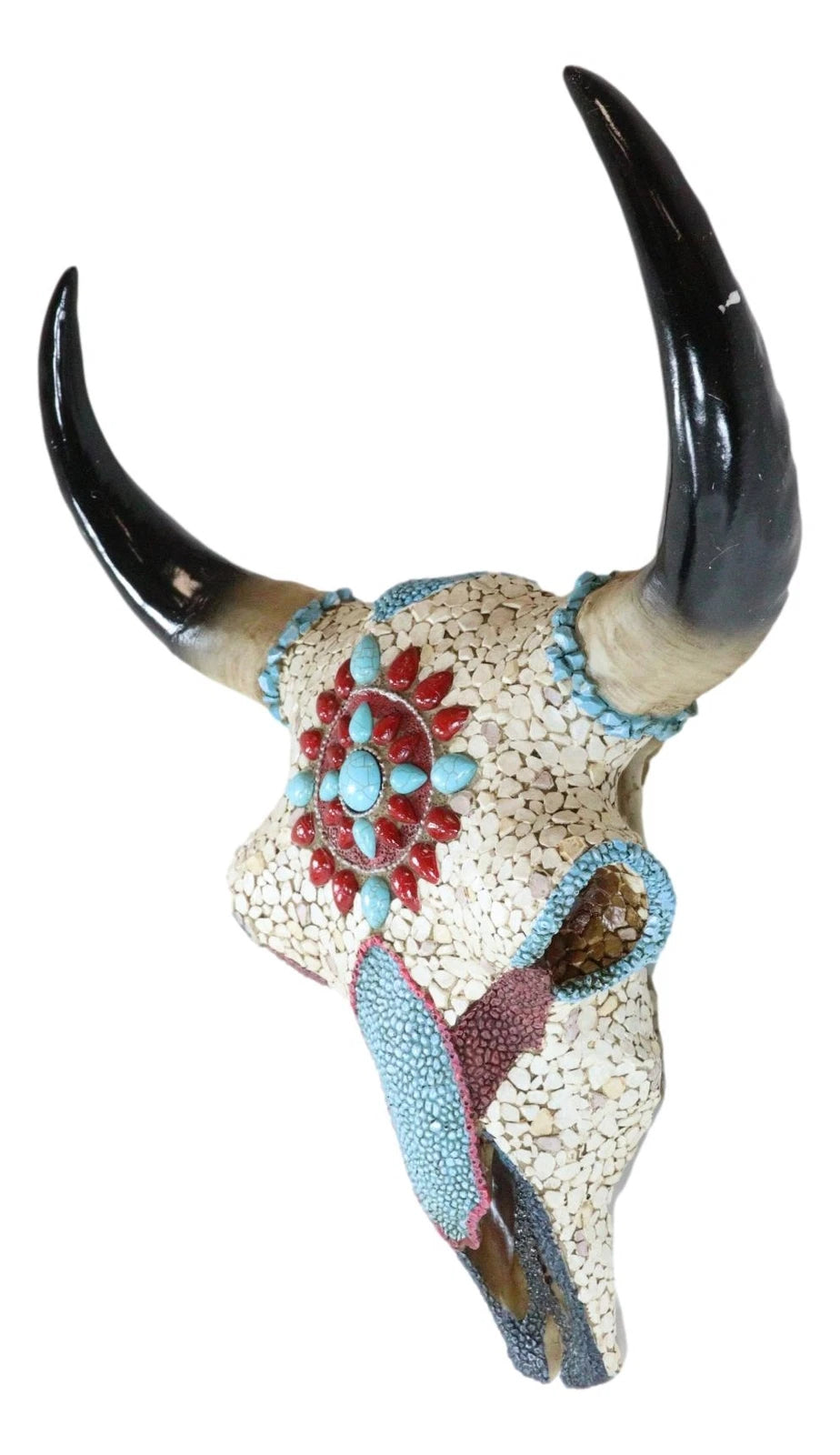 16.5"H Large Turquoise And Red Gems Mosaic Southwest Steer Cow Skull Wall Decor-6
