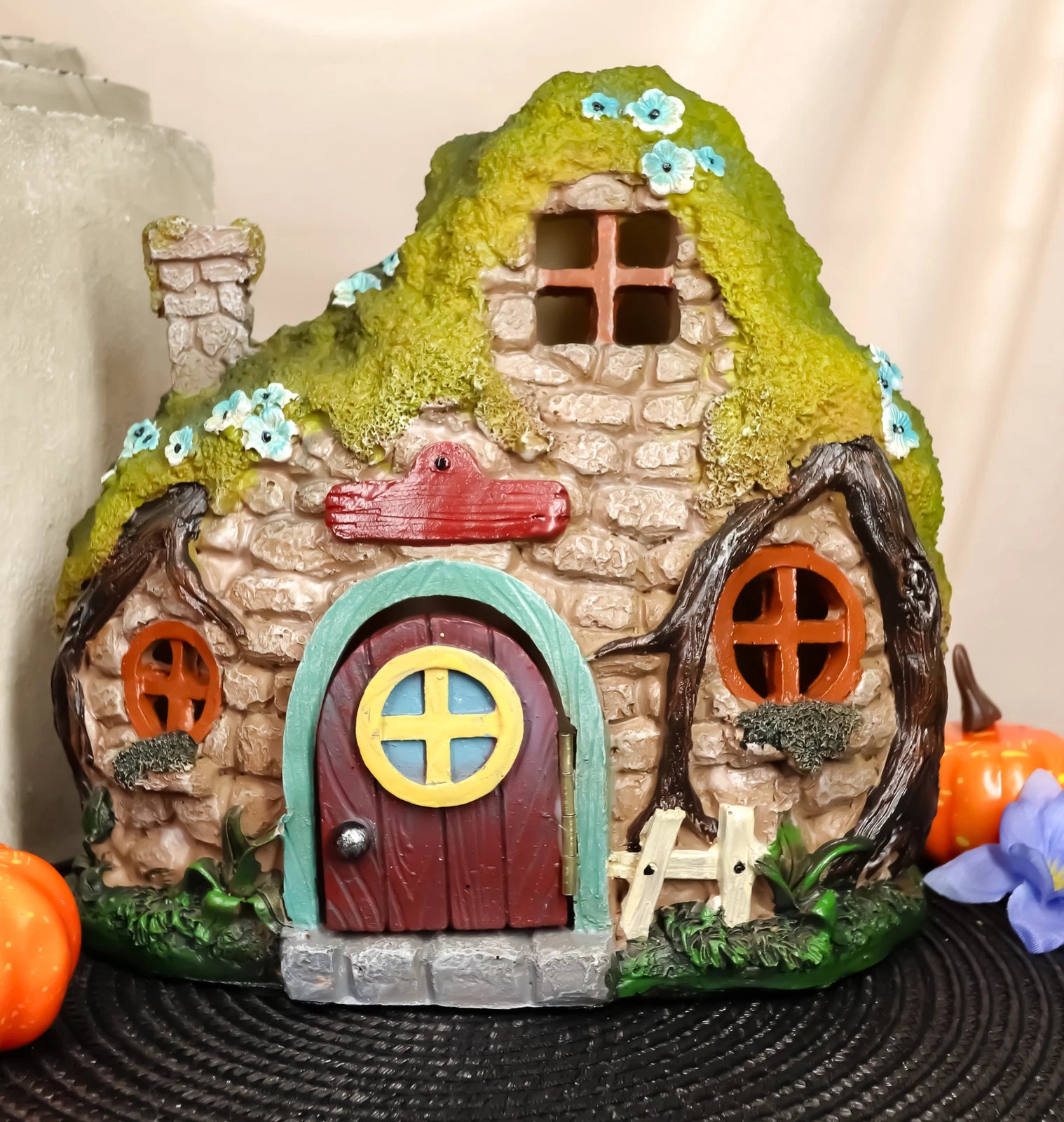 LED Light Up Enchanted Fairy Garden Stone Cottage House W/ Moving Door-8