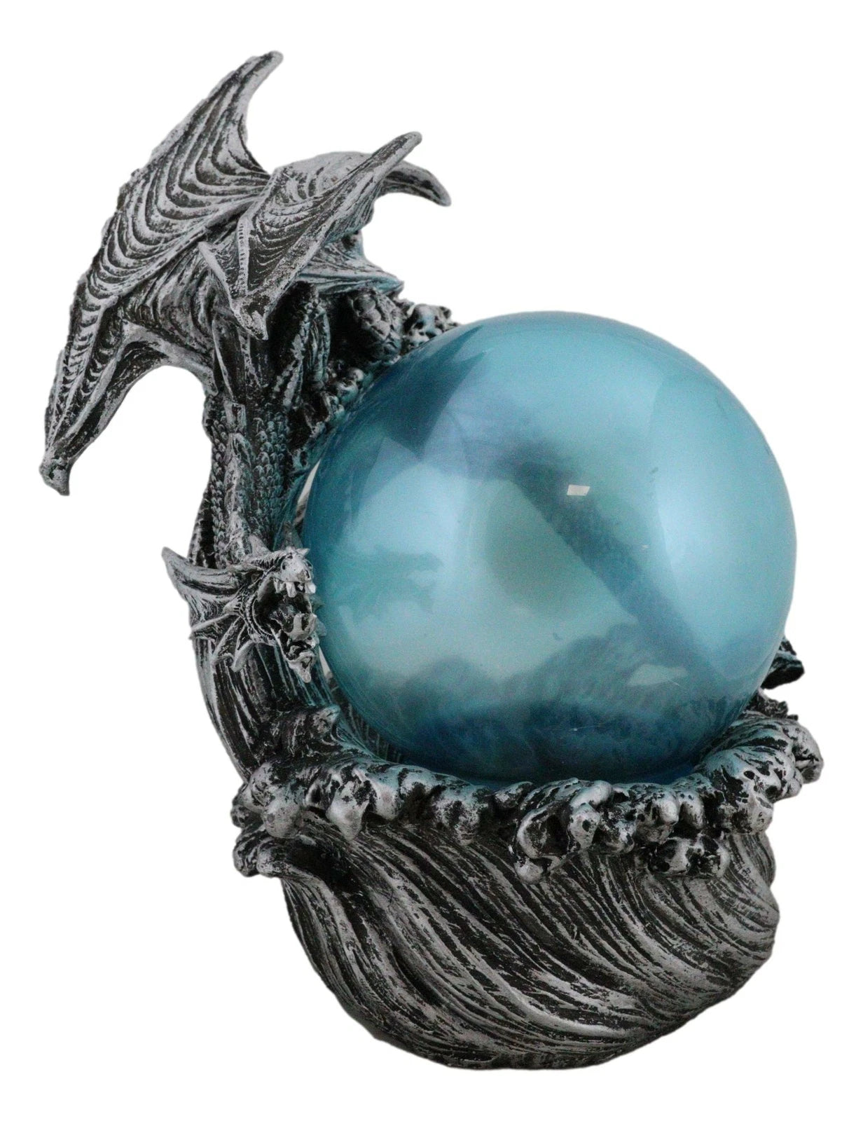 Silver Ocean Dragon Riding Tidal Sea Waves With Colorful LED Sphere Orb Figurine-7