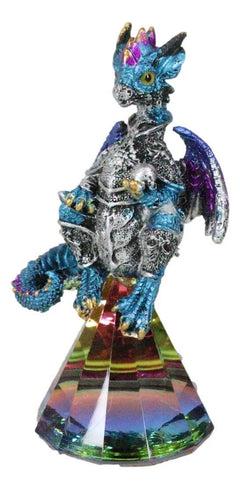 Blue Iridescent Armored Rainbow Wyrmling Dragon With Faux Crystal Prism Figurine-6