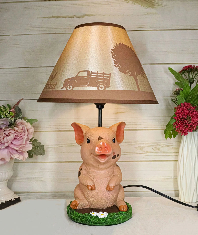 Rustic Farm Country Pink Babe Piglet Muddy Pig Desktop Table Lamp With Shade-6