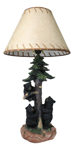 Rustic Western Forest Black Mama Bear With Cubs Climbing On Pine Tree Table Lamp-9
