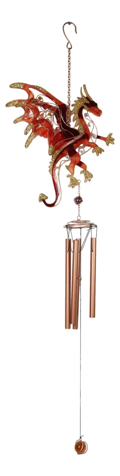 Medieval Fantasy Red Gold Fire Dragon Art Glass Gemstones Metal Wind Chime-10