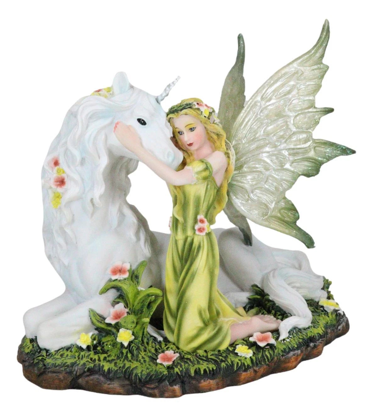 Green Earth Gaia Fairy With Rare Floral White Unicorn Statue Decor Figurine 7"L-10