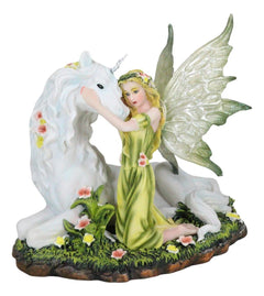 Green Earth Gaia Fairy With Rare Floral White Unicorn Statue Decor Figurine 7"L-10