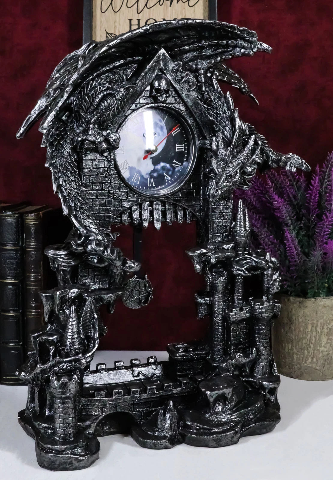 Large Gothic Smaug Dragon Overlord Guarding Castle Pendulum Table Clock Statue-6