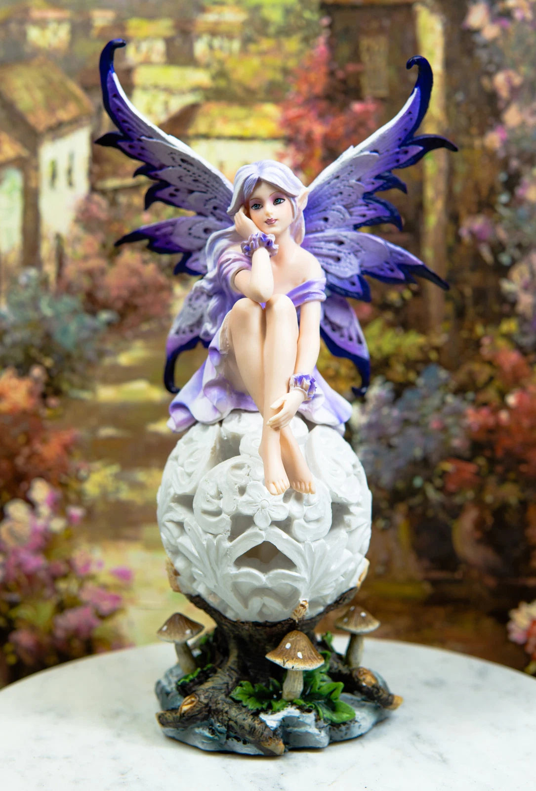 Goddess Amethyst Fairy Sitting On Filigree Orb Figurine LED Night Light