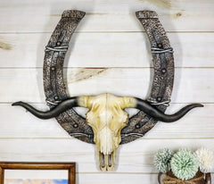 21" L Rustic Western Longhorn Bull Cow Skull With Giant Horseshoe Wall Decor-1