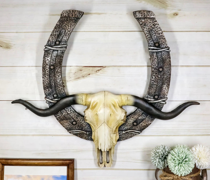 21" L Rustic Western Longhorn Bull Cow Skull With Giant Horseshoe Wall Decor-1