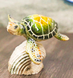 Marine Green Sea Turtle Swimming Over Partridge Tun Shell Spring Bobble Figurine-1
