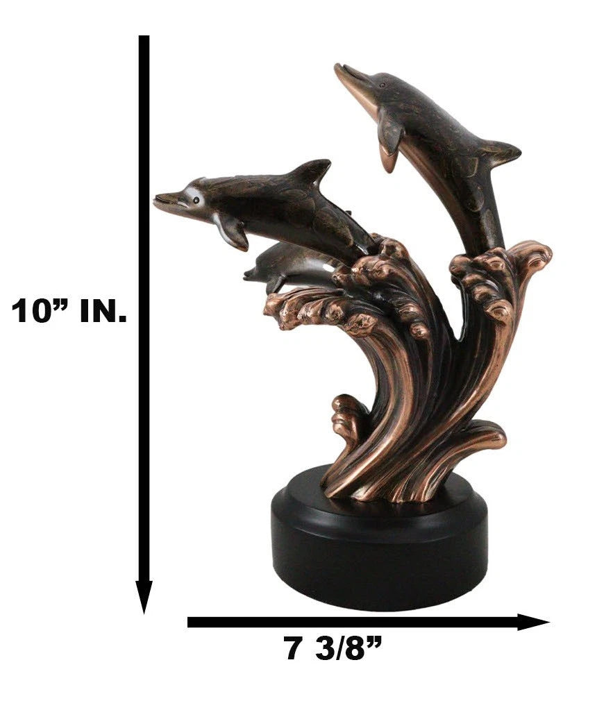 Bronze Electroplated Three Bottlenose Dolphins Riding Over Ocean Waves Statue-8
