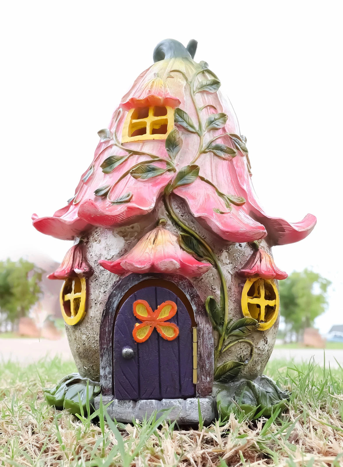 Mini Enchanted Fairy Garden Trumpet Lily Cottage Light Up House W/ Door Figurine-3