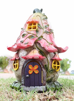 Mini Enchanted Fairy Garden Trumpet Lily Cottage Light Up House W/ Door Figurine-3