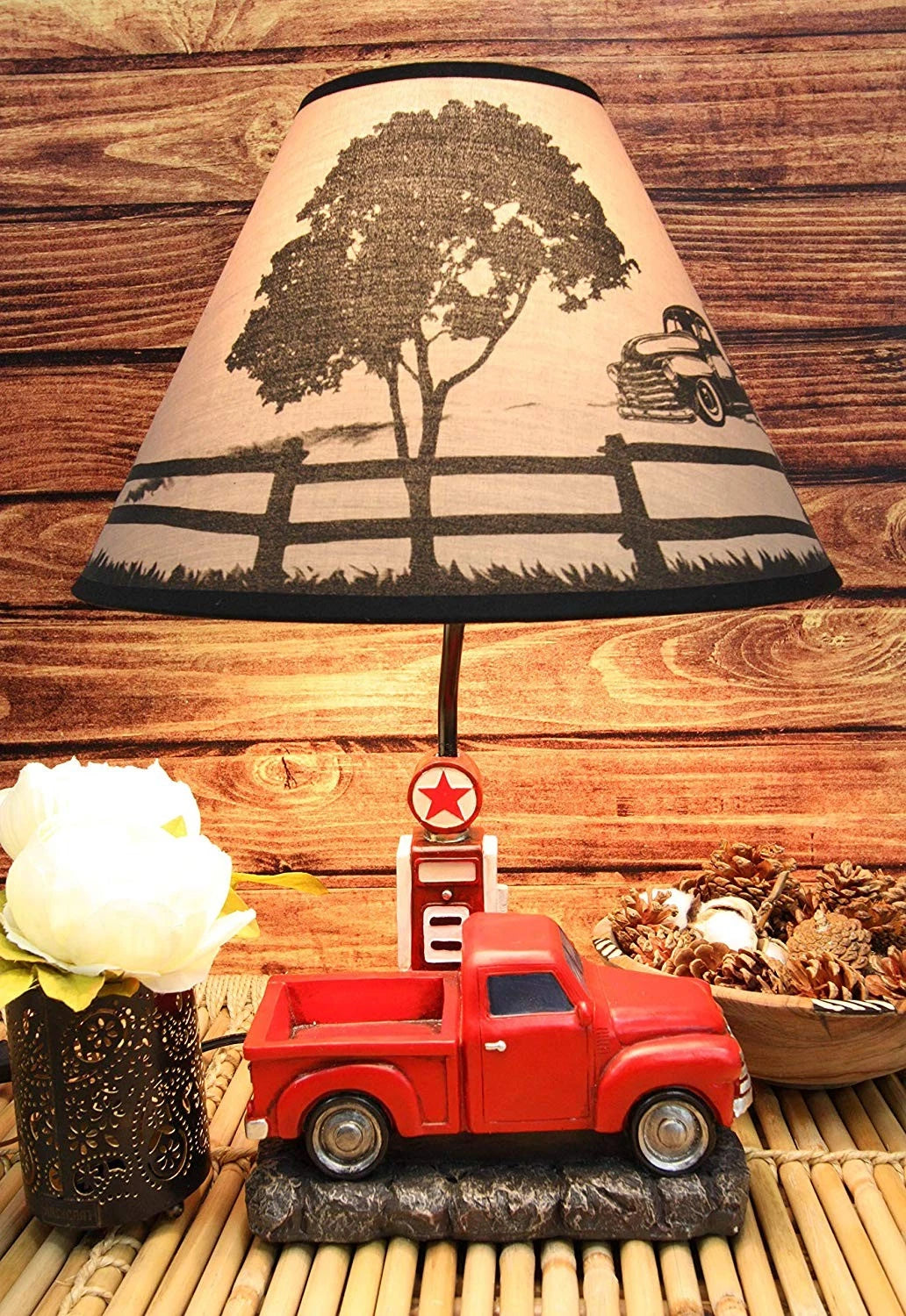 Classic Big Red Pickup Truck by Rural Gas Pump Desktop Table Lamp 18.75" H-1
