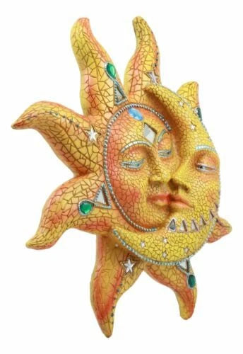 Orange Mosaic Face Sun with Yellow Mosaic Moon, 13"H Wall Plaque Decor-7