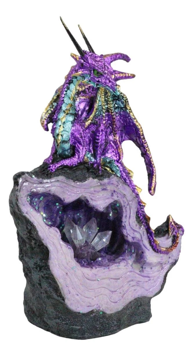 Metallic Purple Midnight Dragon On LED Light Faux Geode Crystal Rock Figurine-8