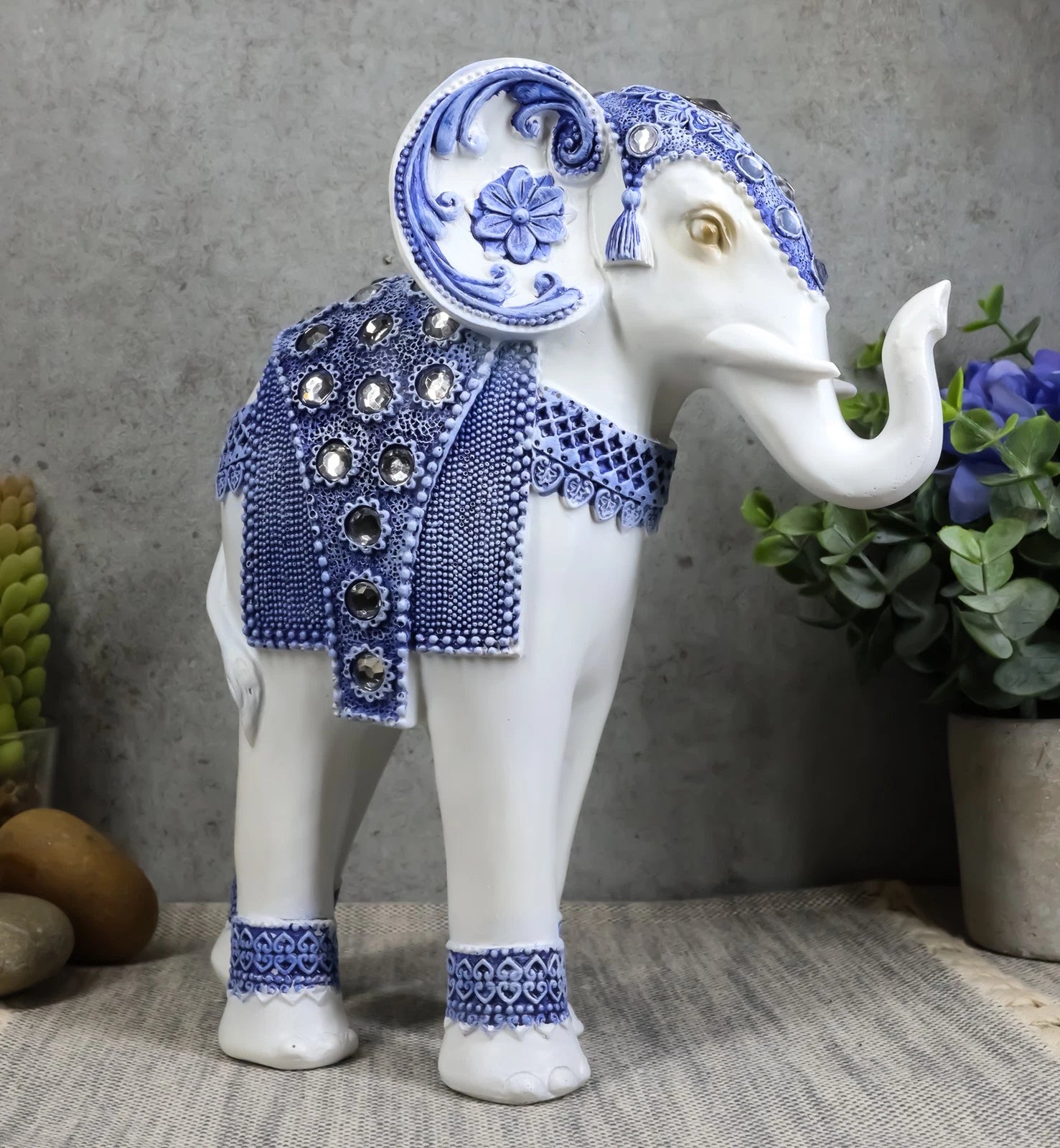 Feng Shui Ming Style Blue And White Ornate Design With Crystals Elephant Statue-9