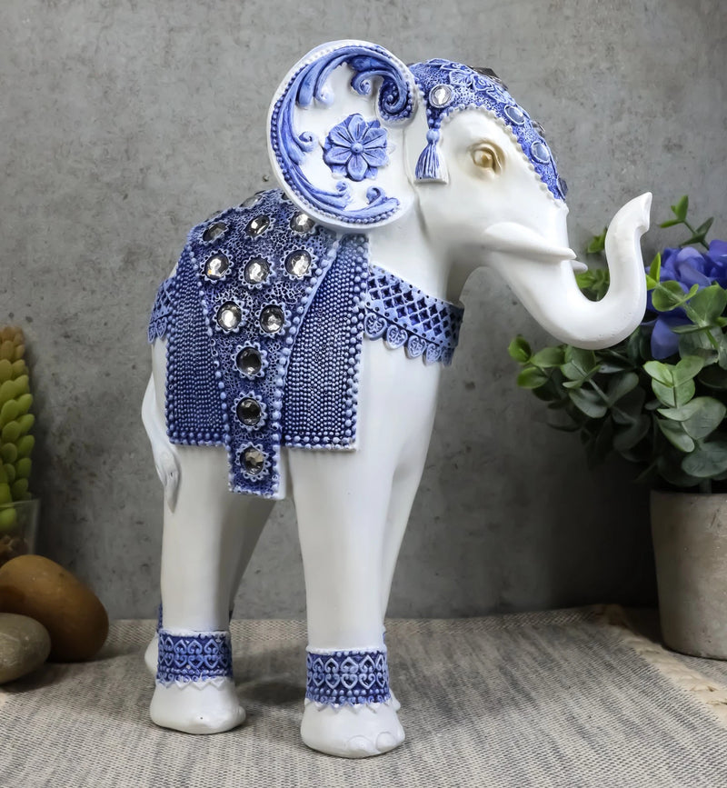 Feng Shui Ming Style Blue And White Ornate Design With Crystals Elephant Statue-9