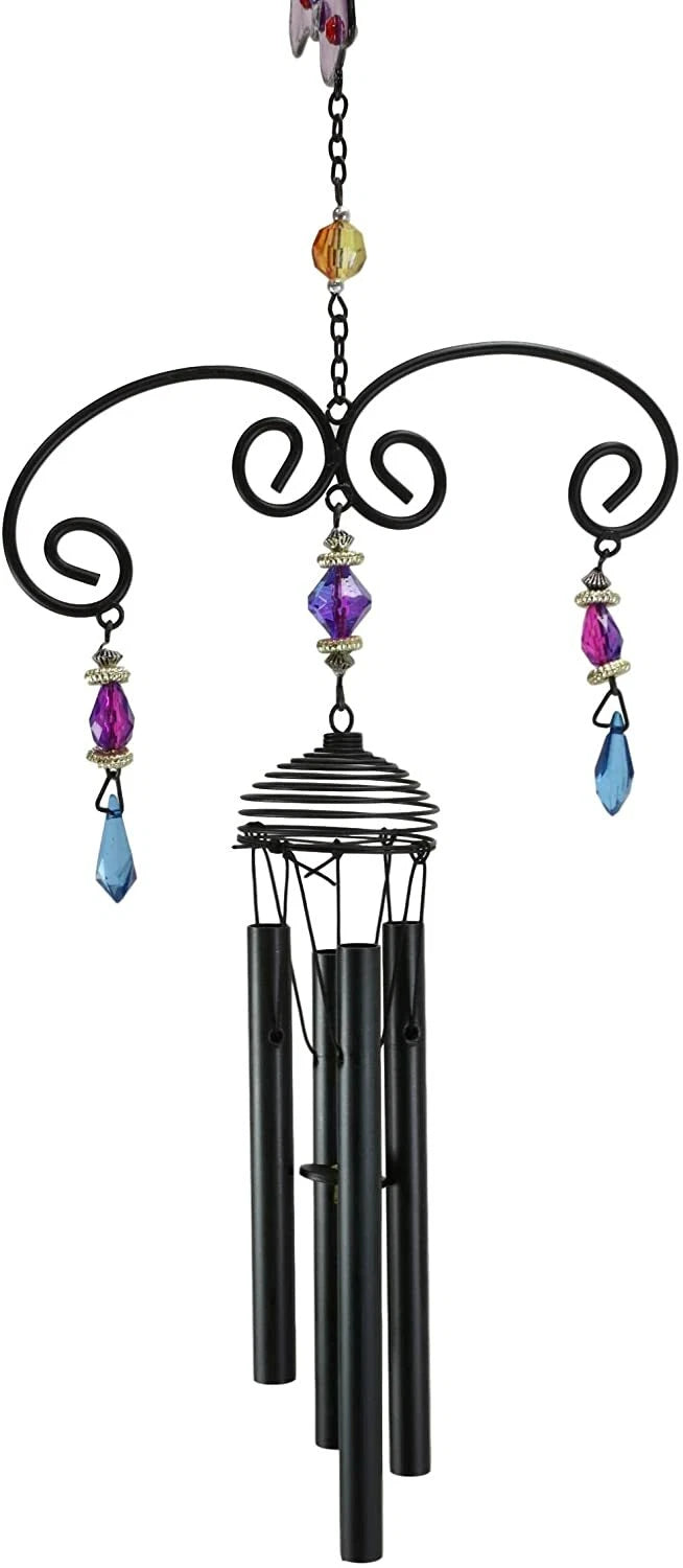 Purple Butterfly Stained Glass With Gemstones Copper Wind Chime Garden Patio-7