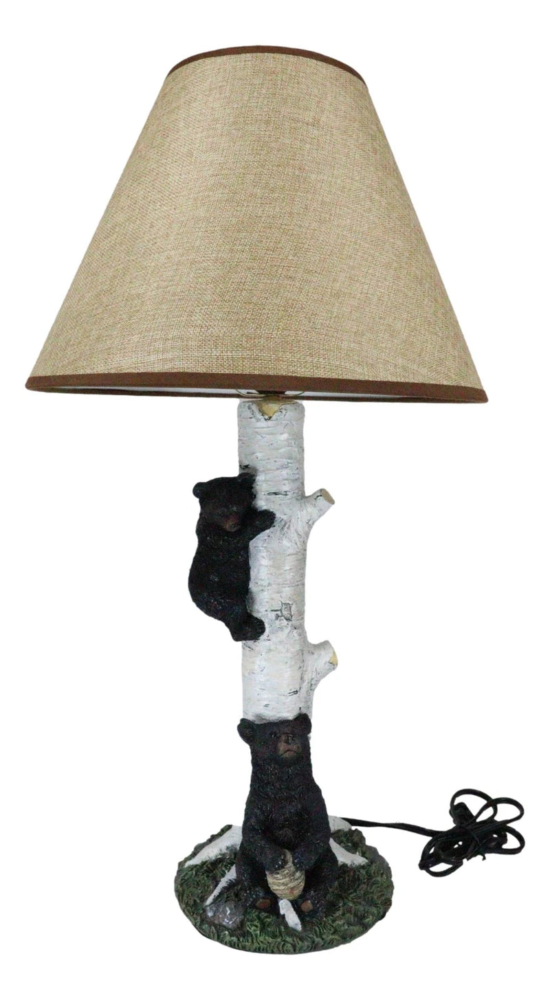 Climbing Black Bear Cub On Birchwood Tree With Mother And Beehive Table Lamp-10