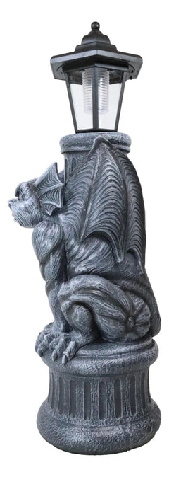 Gothic Crouching Winged Gargoyle Statue With Solar LED Lantern Light Post 20"H-8