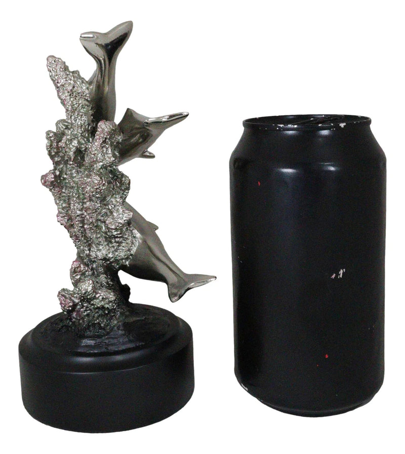Nautical Marine Sea Dolphins By Coral Reef Silver Electroplated Resin Figurine-8