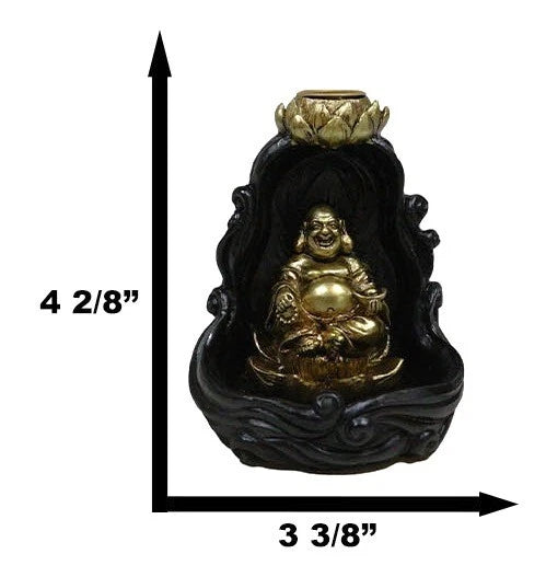 Golden Laughing Buddha Hotei On Black Cloud Lotus Backflow Incense Cone Burner-8