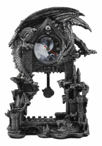 Large Gothic Smaug Dragon Overlord Guarding Castle Pendulum Table Clock Statue-7