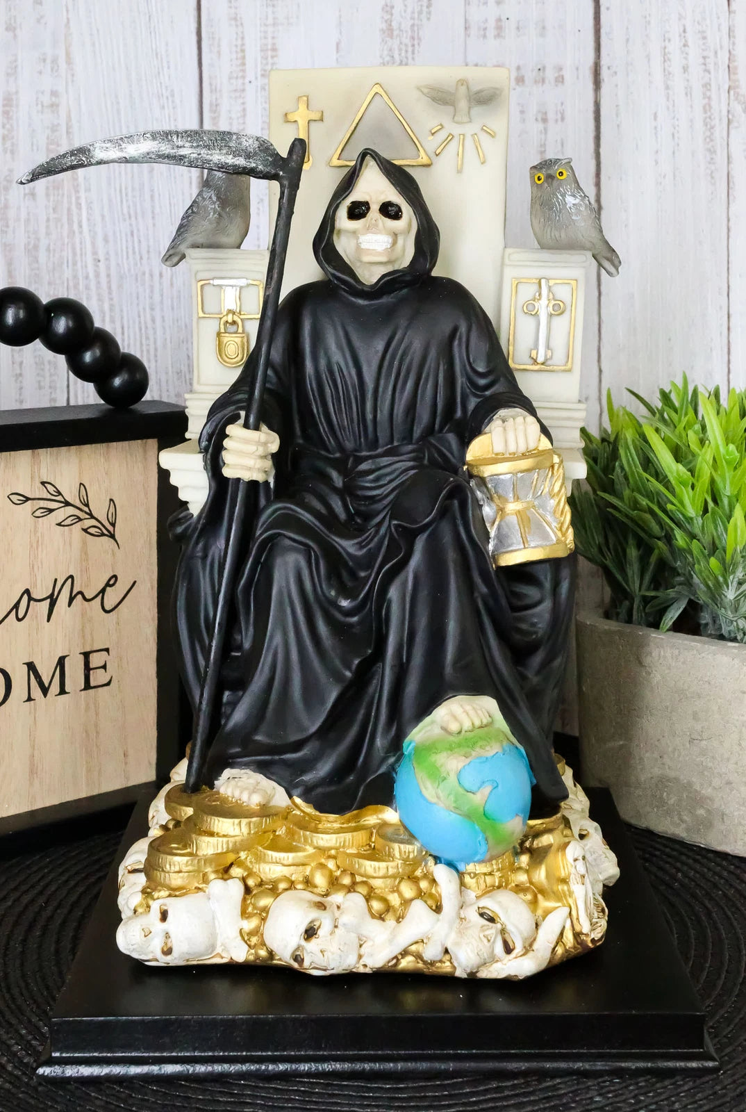 Black Santa Muerte Holding Scythe Seated On Throne Statue Our Lady Of Death-6