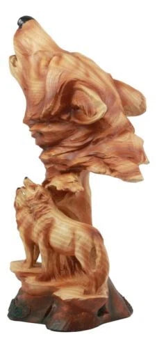 Estatua de madera sintética con tres lobos aullando, escena de vida silvestre rocosa, decoración de lobos de madera-4