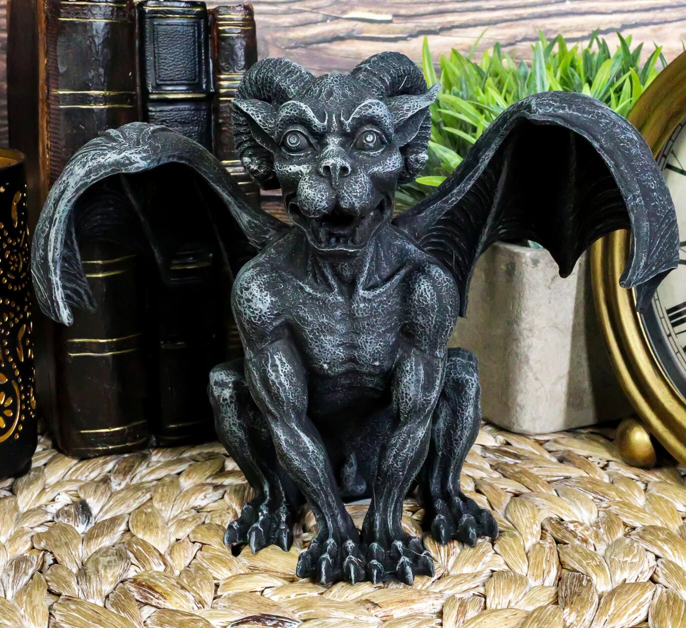 Crouching Ram Horned Gargoyle Statue in Faux Stone Finish Resin 6.25" Tall